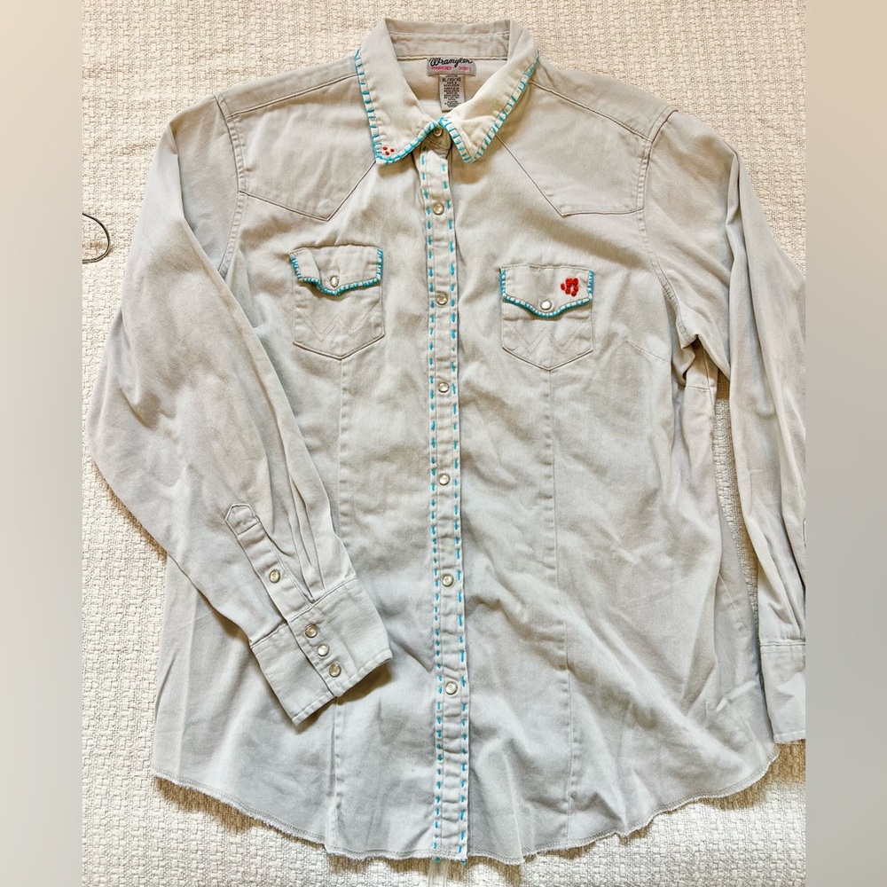 Women’s Wrangler Rancher Off-White Neutral Pearl Button Shirt Embroidered XL